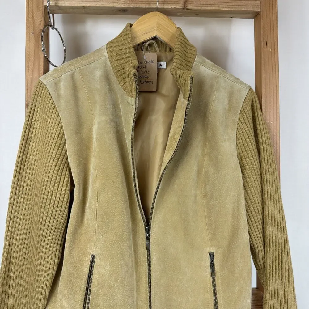 Vintage A.M.I. Tan Zip Up Zip Pockets Suede Sweater Knit Jacket #1276 Size M - Picture 3 of 5